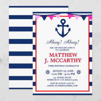 Invitation Ancre nautique Navire Bébé Stripe Bébé Anniversair