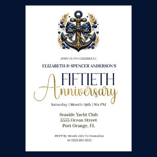 Invitation Ancre Naútíque Or Bleu 50e Anniversaire de Mariage