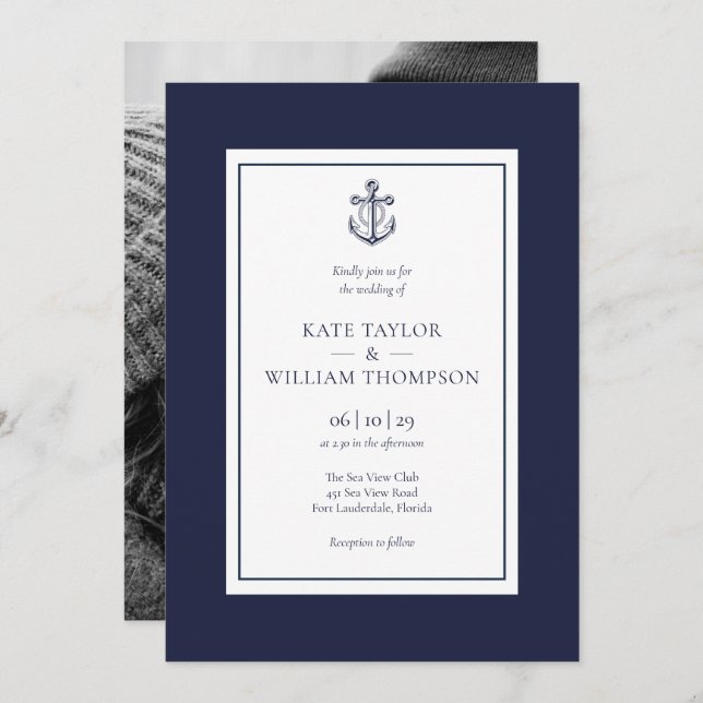 Invitation Ancre Nautique Photo Mariage Bleu Et Blanc Marine (Devant / Derrière)