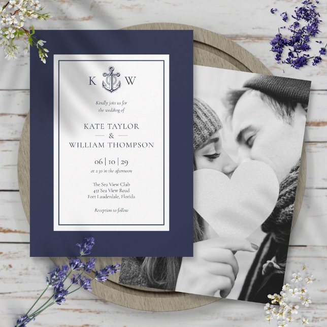 Invitation Ancre nautique Photo Mariage Monogramme bleu marin (Nautical Anchor Navy Blue Monogram Wedding Photo Invitation)