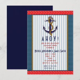 Invitation Ancre Naútíque Points Rouges Blanc Bleu Fête