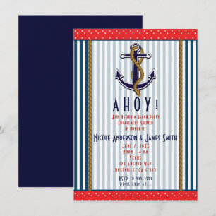 Invitation Ancre Naútíque Rayures Et Points Rouges Blancs Ble