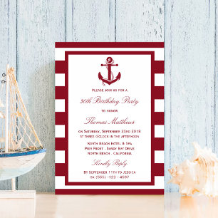 Invitation Ancre nautique Red Stripes Beach Anniversaire