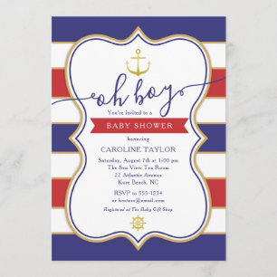 Invitation Ancre nautique Rouge Blanc Bleu Baby shower garçon