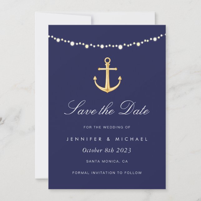 Invitation Ancre nautique Sauvez la date, Marine Gold (Devant)