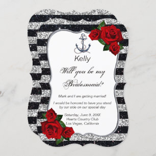 Invitation Ancre nautique Silver Black Stripes Bridesmaid