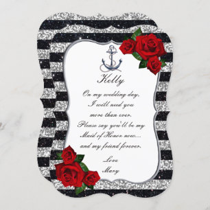 Invitation Ancre Nautique Silver Black Stripes Maid Of Honor