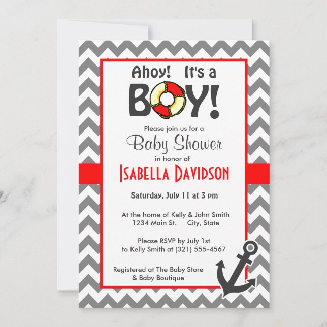 Invitation Ancre nautique sur Dark Grey Chevron (Devant)