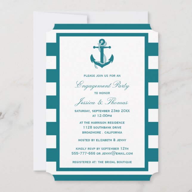 Invitation Ancre nautique Turquoise Stripe Engagement Party (Devant)