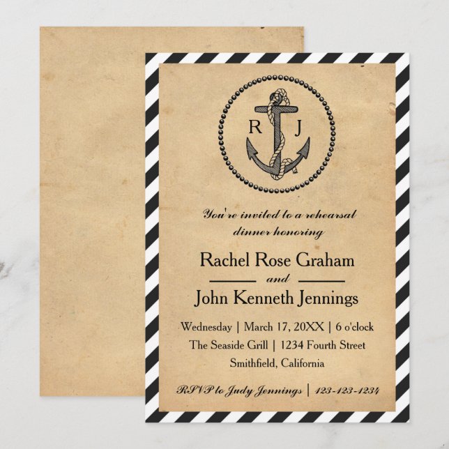 Invitation Ancre nautique vintage - Dîner de répétition Invit (Devant / Derrière)