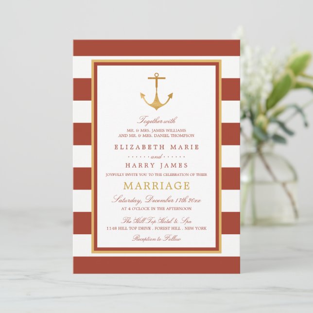 Invitation Ancre or nautique, brique rouge et Mariage or (Debout devant)