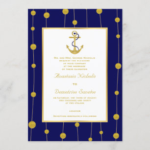 Invitation Ancre, perles d'or marine bleu marine mariage naut
