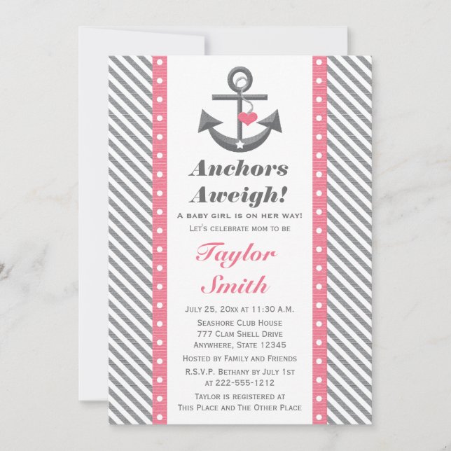 Invitation Ancre Polka rose et gris Baby shower nautique (Devant)