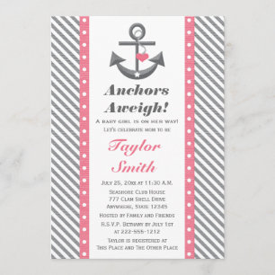 Invitation Ancre Polka rose et gris Baby shower nautique
