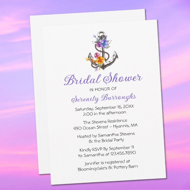 Invitation Ancre Purple Floral Fête des mariées marine (Créateur téléchargé)