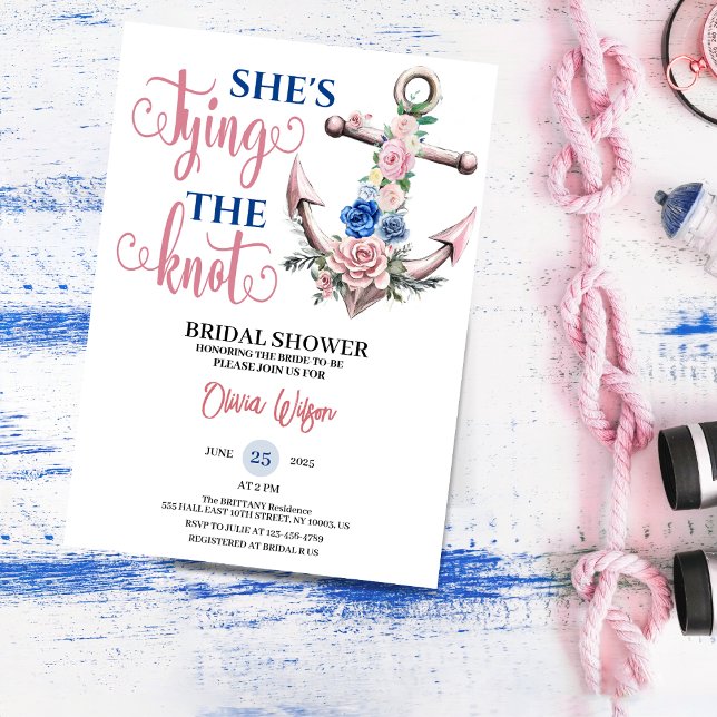 Invitation Ancre Rose Noeud Marin Réception de mariage (Anchor Rose Tying the Knot Nautical Bridal shower floral summer for her blush pink bride to be invit)
