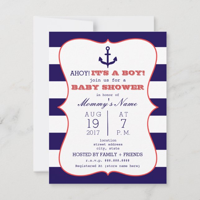 Invitation Ancre rouge + Bleu + Baby shower garçon Stripes (Dos)