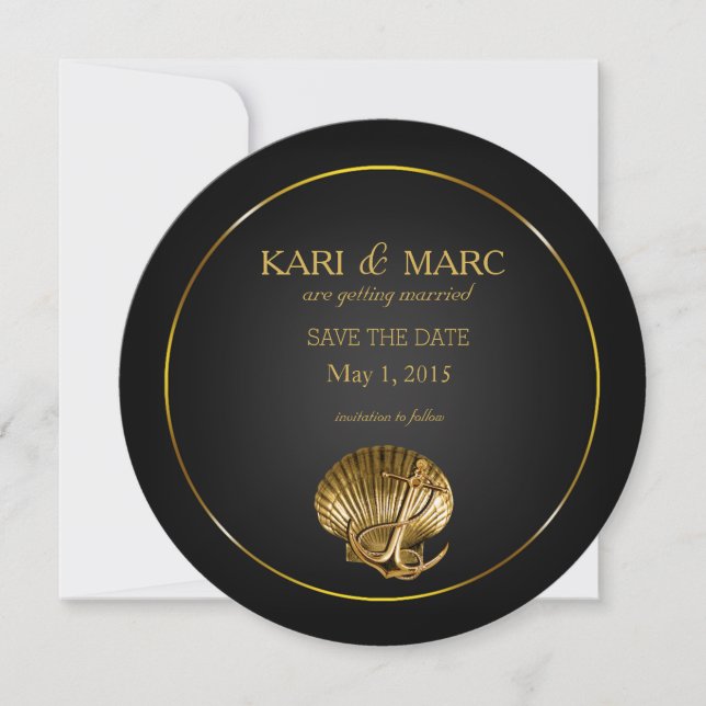 Invitation Ancrées Coquillages Save the Date | noir & or (Devant)