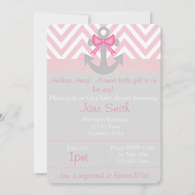 Invitation Ancres Away Girl Baby shower (Devant)
