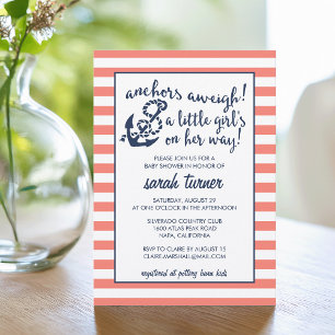 Invitation Ancres Aweigh ! Baby shower Coral Nautical Girl