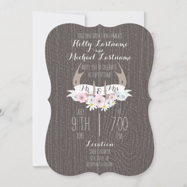 Invitation Andouillers floraux + Mariage en bois de grange (Devant)