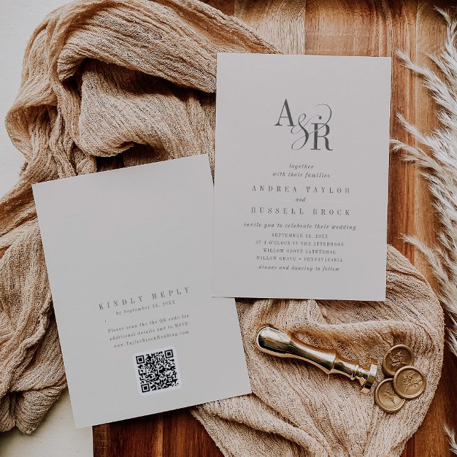 Invitation ANDREA Beige QR Code Mariage Classique Élégant (ANDREA Beige QR Code Classic Elegant Wedding Invitation)