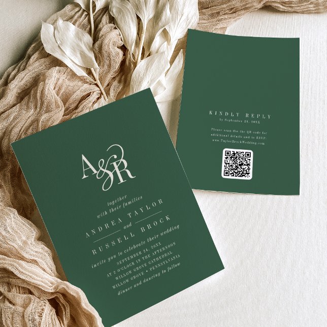 Invitation ANDREA Dark Green QR Code Classic Elegant Wedding (ANDREA Dark Green QR Code Classic Elegant Wedding Invitation)