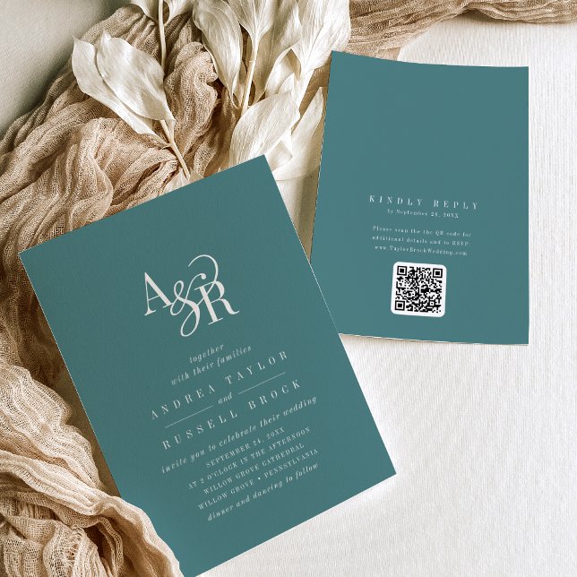 Invitation ANDREA Dark Teal QR Code Mariage Élégant Classique (ANDREA Dark Teal QR Code Classic Elegant Wedding Invitation)