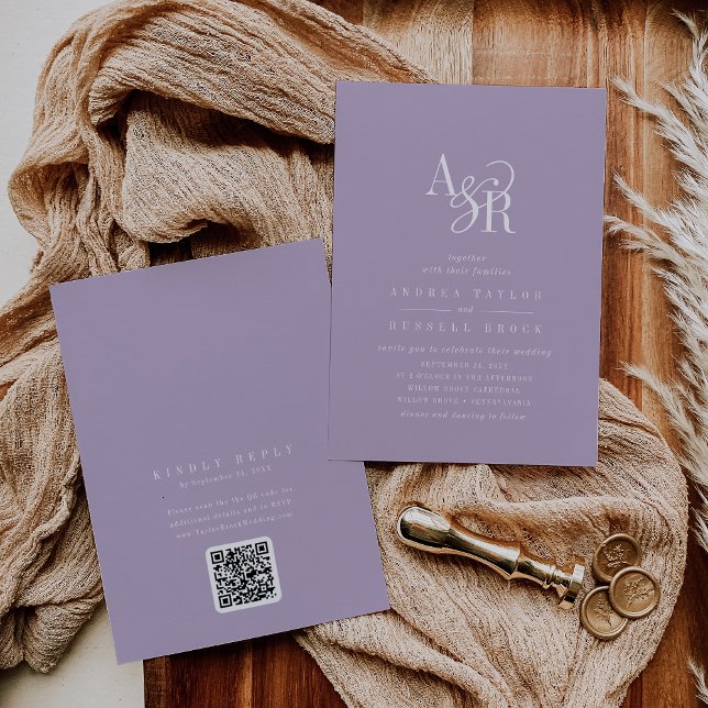 Invitation ANDREA Lavande QR Code Élégant Mariage Classique (ANDREA Lavender QR Code Classic Elegant Wedding Invitation)