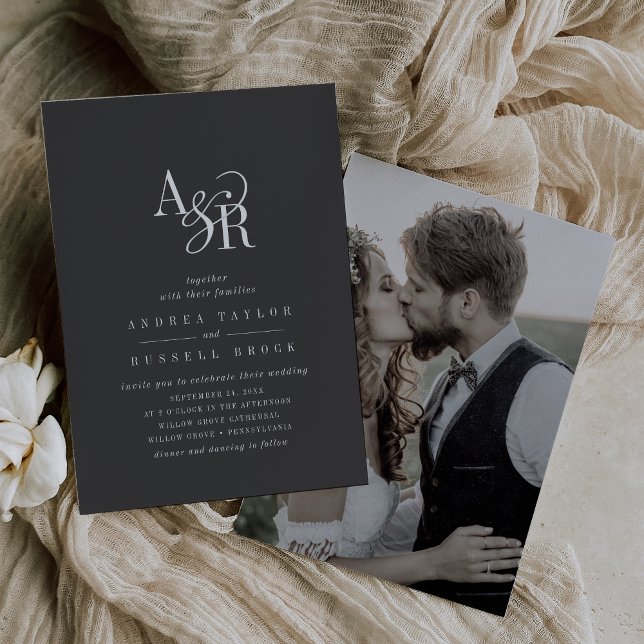 Invitation ANDREA Minimal Boho Dark Grey Mariage photo modern (ANDREA Minimal Boho Dark Gray Modern Photo Wedding Invitation)