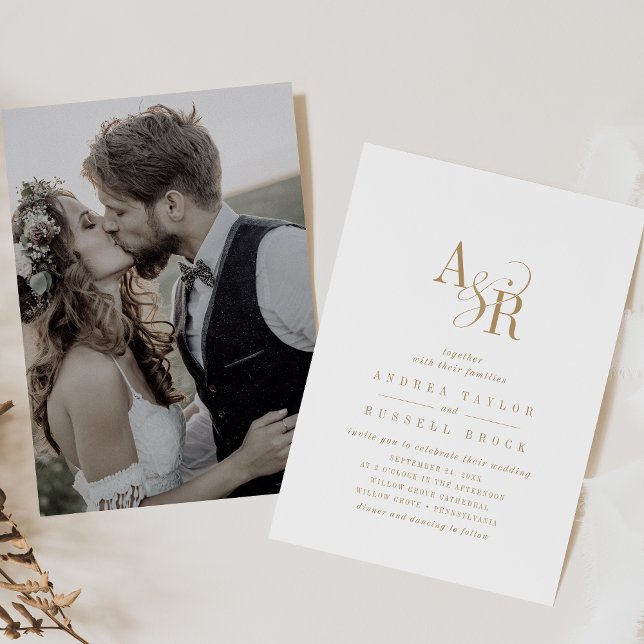 Invitation ANDREA Monogram Gold Simple Minimal Photo Mariage (ANDREA Monogram Gold Simple Minimal Photo Wedding Invitation)