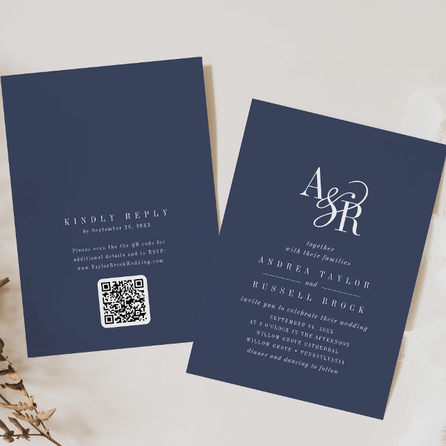 Invitation ANDREA Navy Blue QR Code Classic Elegant Wedding (ANDREA Navy Blue QR Code Classic Elegant Wedding Invitation)