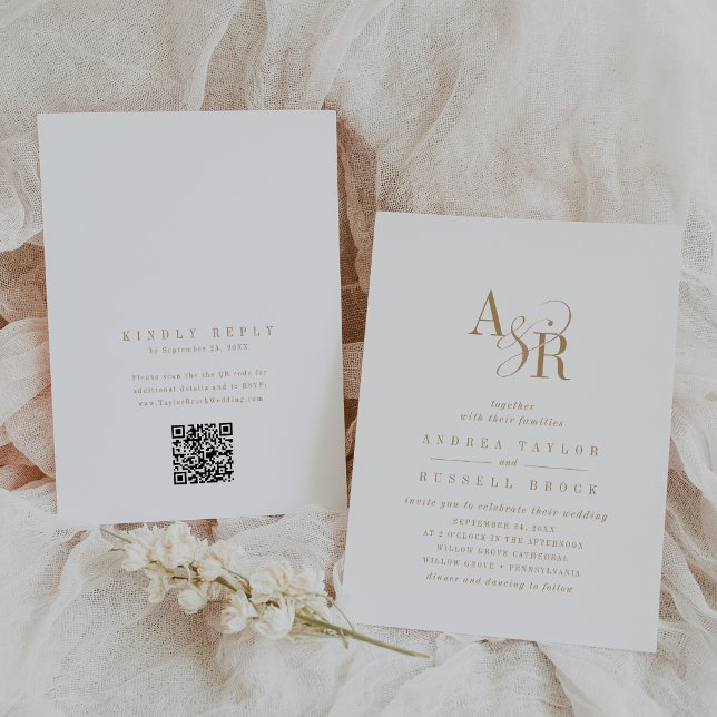 Invitation ANDREA QR Code Classic Gold Blanc Initiales Mariag (ANDREA QR Code Classic Gold White Initials Wedding Invitation)