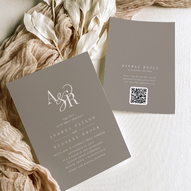 Invitation ANDREA Taupe QR Code Classique Élégant Mariage (ANDREA Taupe QR Code Classic Elegant Wedding Invitation)