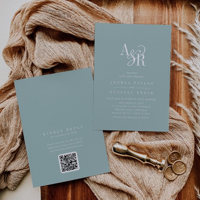Invitation ANDREA Teal Blue QR Code Classic Elegant Wedding (ANDREA Teal Blue QR Code Classic Elegant Wedding Invitation)