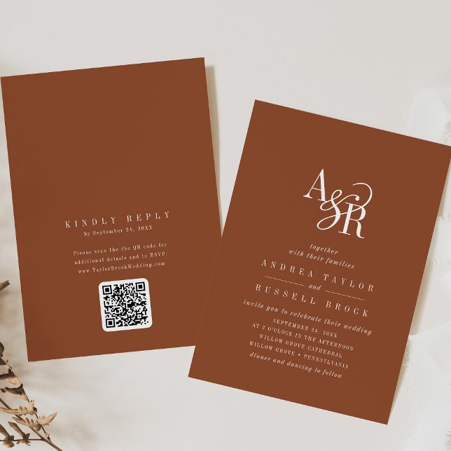 Invitation ANDREA Terracotta QR Code Bohème Élégant Mariage (ANDREA Terracotta QR Code Boho Elegant Wedding Invitation)