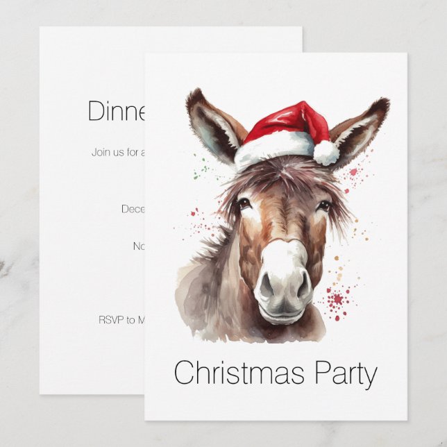 Invitation Âne de Noël à chapeau de Père Noël en aquarelle pe (Devant / Derrière)