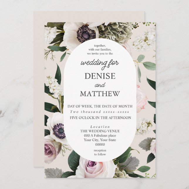 Invitation Anémon blanc sur Cameo Mariage beige (Devant / Derrière)