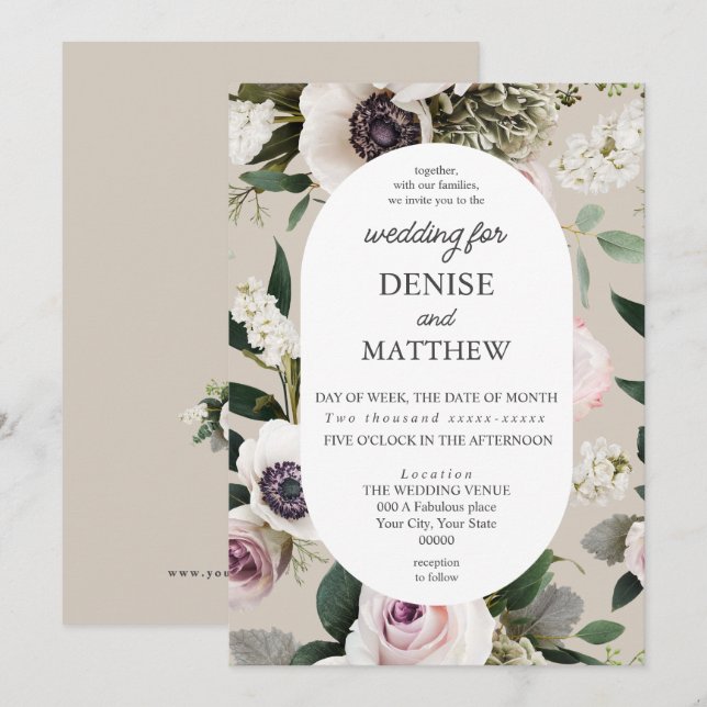 Invitation Anémon blanc sur Mariage parfaitement pâle (Devant / Derrière)