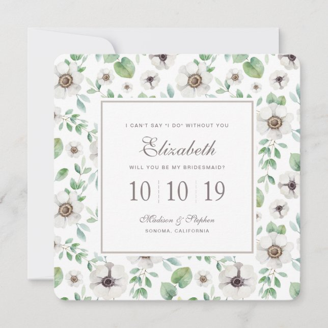 Invitation Anémone blanche florale de l'aquarelle | - (Devant)