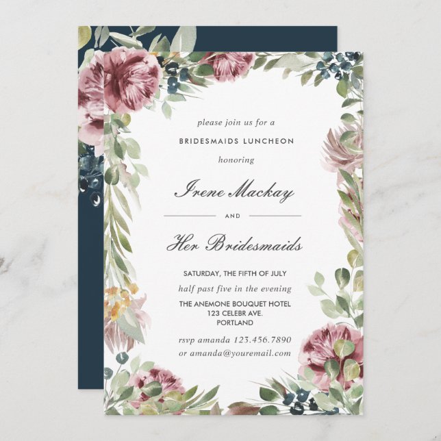 Invitation Anemone Blush Bleu Botanique BRIDESMAIDS LUNCHEON (Devant / Derrière)