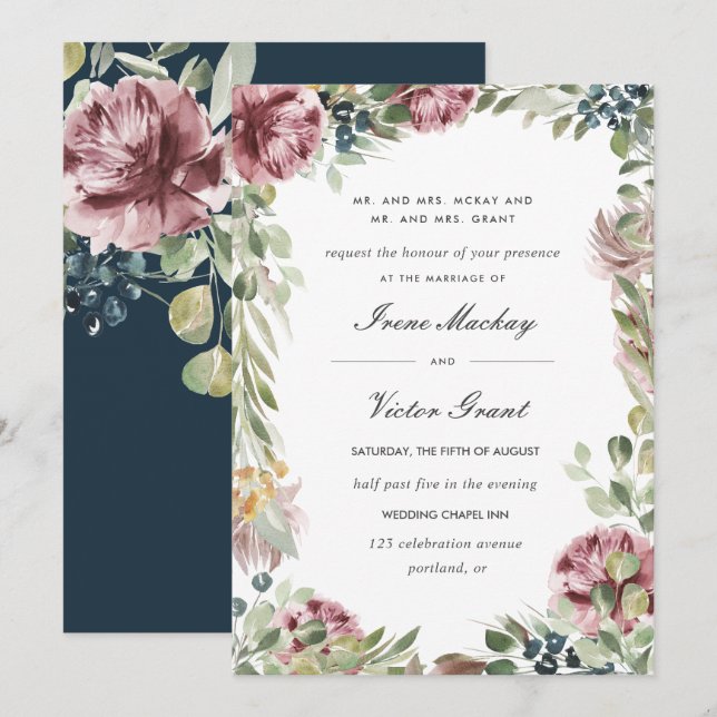 Invitation Anemone Blush | Mariage botanique officiel bleu (Devant / Derrière)