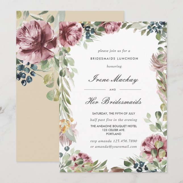 Invitation Anemone Blush Rose Botanique BRIDESMAIDS LUNCHEON (Devant / Derrière)
