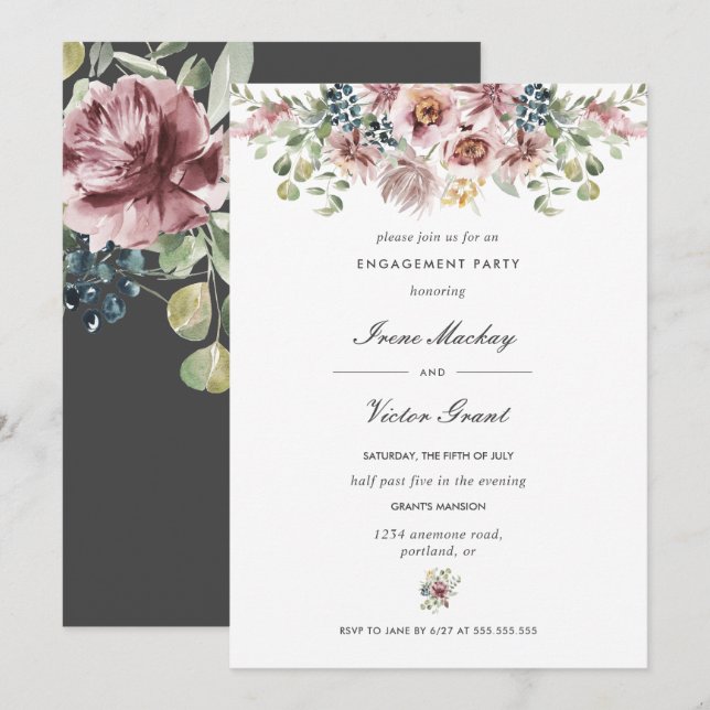 Invitation Anemone Dark Grey Botanical Engagement (Devant / Derrière)