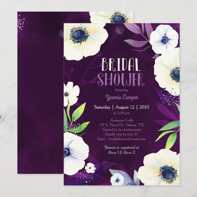 Invitation Anemone Dream Purple Fête des mariées (Devant / Derrière)