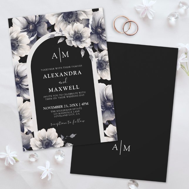 Invitation Anémone Élégante Mariage Floral Blanc Noir (Elegant Anemone White Black Floral Wedding Invitation)