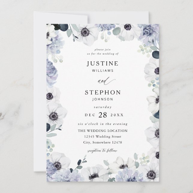 Invitation Anémone & Eucalyptus Hiver Blanc Floral Mariage (Devant)