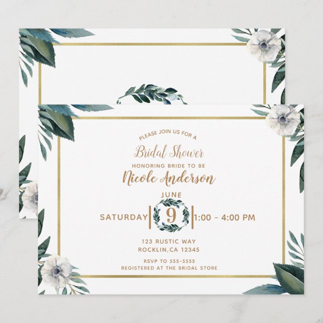 Invitation Anémone Fleurs Blanches et Vertes Shower de Mariée (Devant / Derrière)