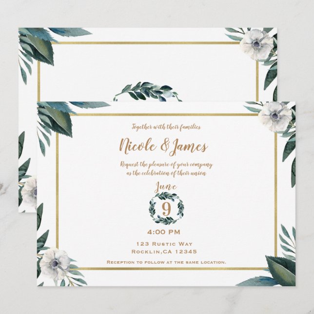 Invitation Anémone Fleurs Mariage Feuilles Vertes Blanches (Devant / Derrière)