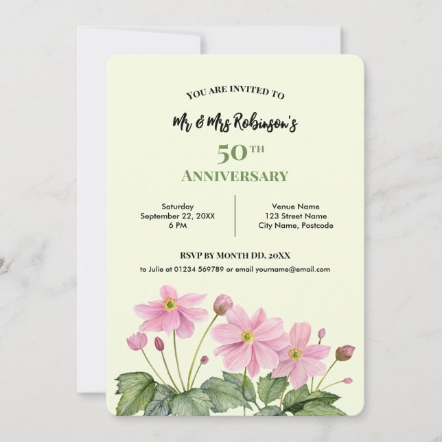 Invitation Anémone japonaise rose aquarelle 50e anniversaire (Devant)
